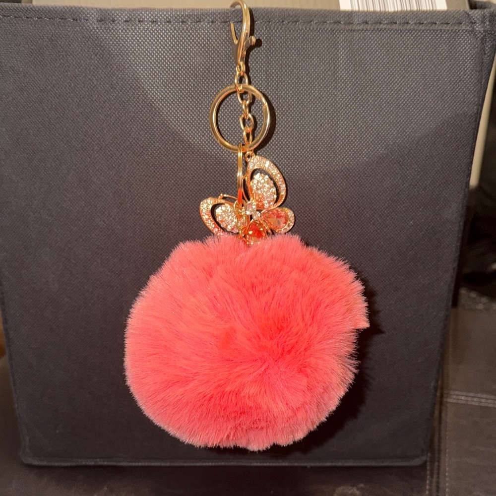 Faux Fur Pom-Pom Keychain with Crystal Butterfly Charm - Pink